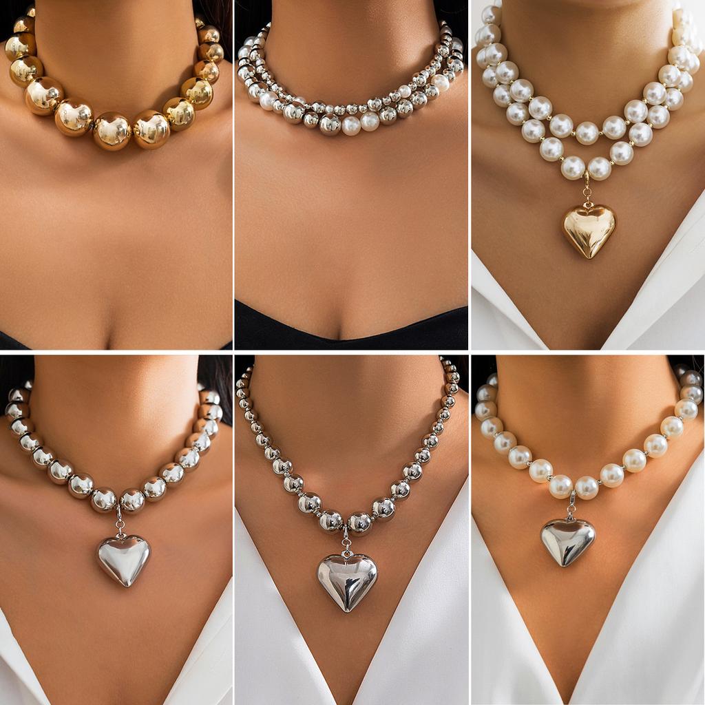 DIEZI Different French Style Big CCB Heart Pendant Necklace Women Party Gift Fashion Pearl Beads Choker Necklace Y2K Jewelry