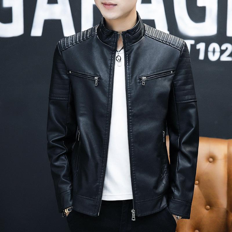 Men's Leather Jacket Spring and Autumn Stand-up Collar Leather Jacket Korean Version Slim Leather Jacket Men's Clothing