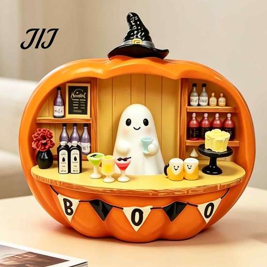 Halloween Pumpkin Bar Ornament Counter Figurine, Cute Ghost Bartender Mini Spooky Tabletop Figurine Scene Statue, Desktop for Home Party Display