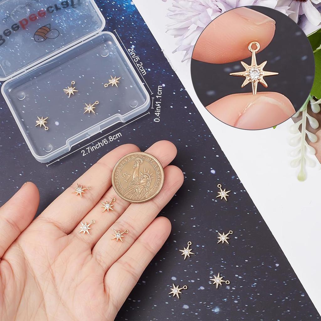 Beebeecraft 1 Box 20Pcs North Star Charms 18K Gold Plated Star Pave Cubic Zirconia Pendant Charms Small Jewelry Making Findings 10.5x8.5mm for DIY