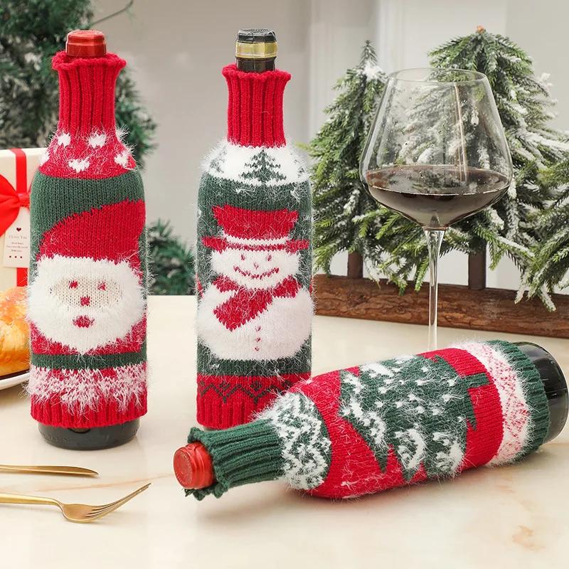 Cute Knitted Wine Bottle Cover Christmas Table Decoration Cartoon Santa Claus Snowman Pattern Red Wine Bottle Decor Xmas Gift