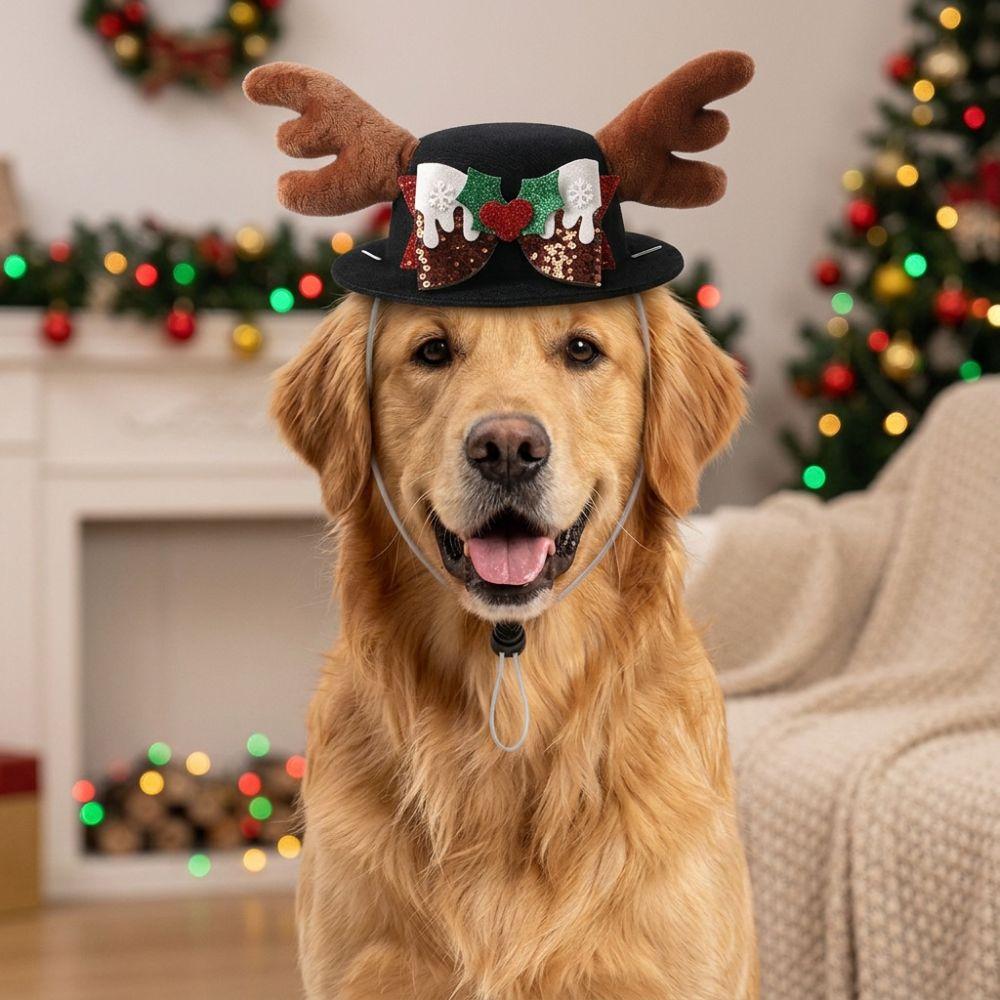 Adjustable Pet Christmas Antler Hat Soft Plush Snowflake Pet Hat Costume Headwear  Party Photo