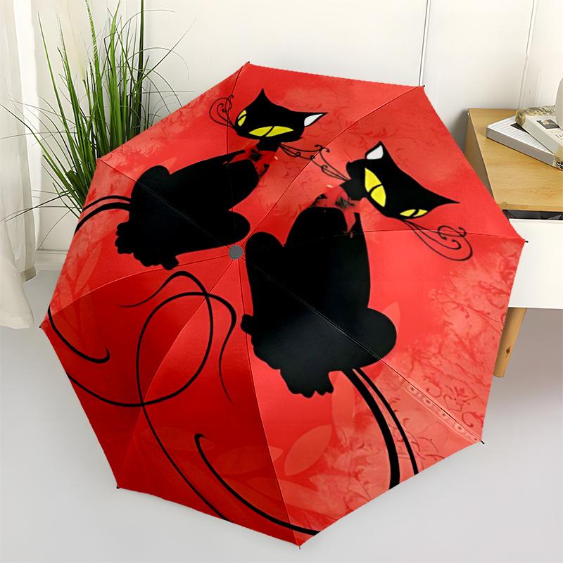 1pc Black Cats, Red Background Automatic Open/close Umbrella, 8-Rib sturdy structure, Auto Folding/Opening, Portable Travel Umbrella for Women, c45