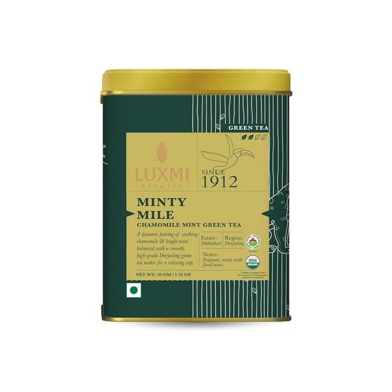 Luxmi Estates Minty Mile Chamomile Mint Green Tea 50gm Tin | USDA Certified Organic Green Tea ||Lemongrass,Spearmint