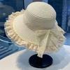 Women Sweet Lace Trim Large Brim Straw Sun Hat For Summer Beach Vacation