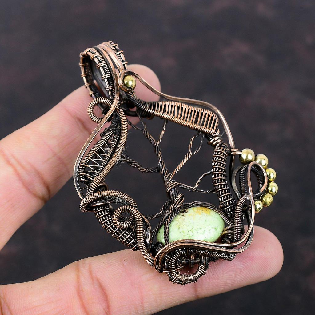 Кулон Древо Жизни с лимонным хризопразом, обернутый медной проволокой, кулон с драгоценным камнем, медные украшения, кулон ручной работы, украшения Древо Жизни в подарок