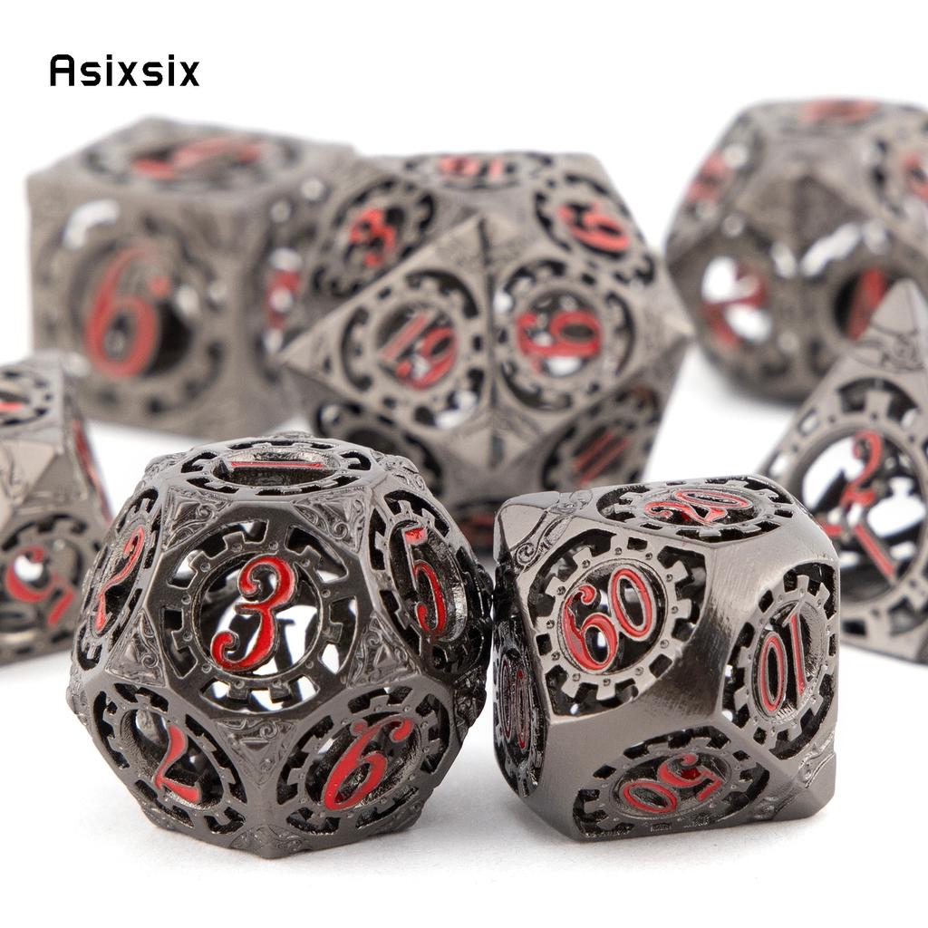 7 Pcs Black Red Gear Wheel Metal Dice Hollow Metal Polyhedral Dice Set Suitable for Role-Playing RPG Board Game Card Game