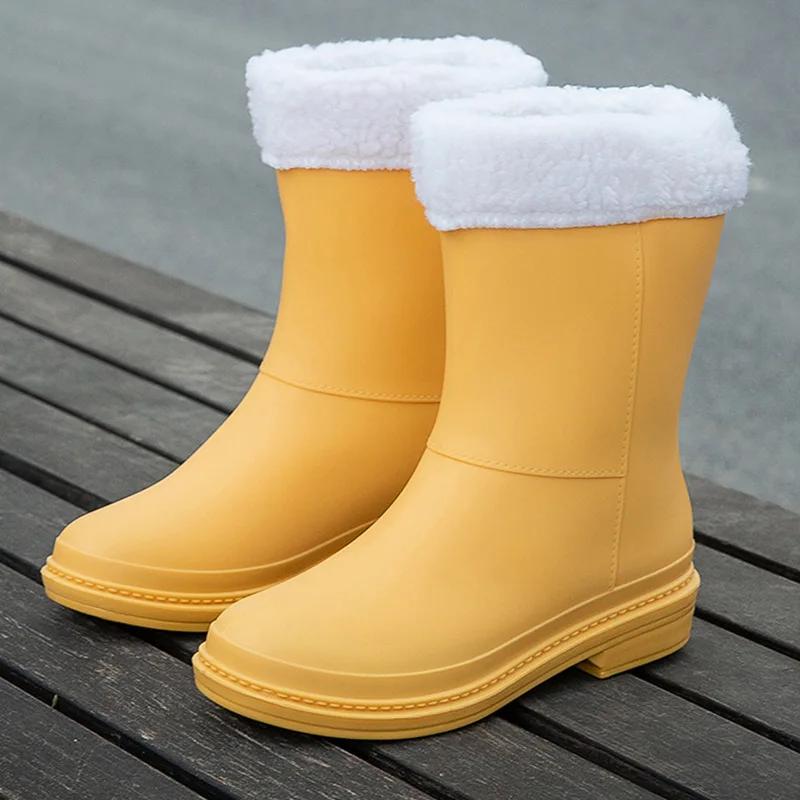 Fashion Women's Mid-Calf Rain Boots New Rubber Shoes Winter Rain Boots Cotton-Padded Warm-Keeping Waterproof Women's Non-Slip Shoes