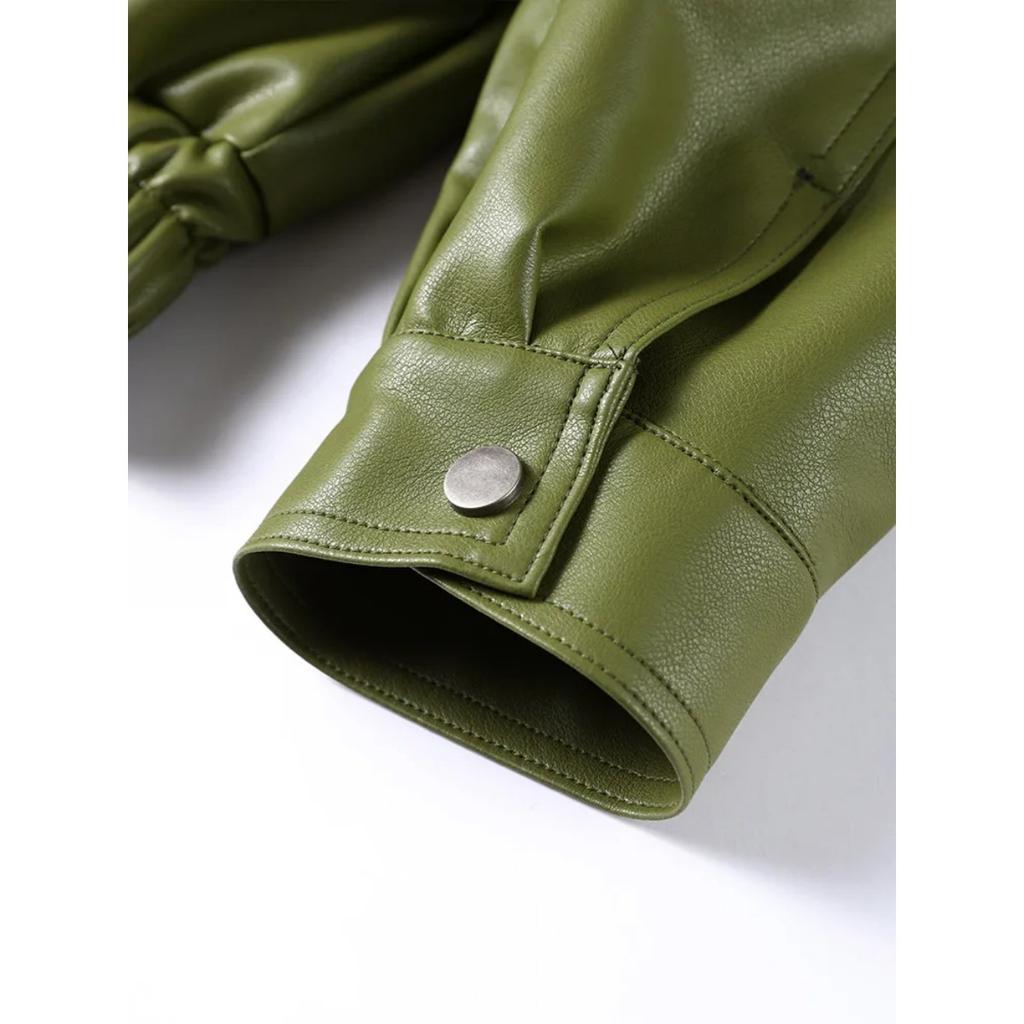 Оливково-зеленая кожаная куртка, пальто, силуэт, винтажный, уличный тренд, молния, лацкан, короткое пальто, свободный повседневный топ, верхняя одежда, осень