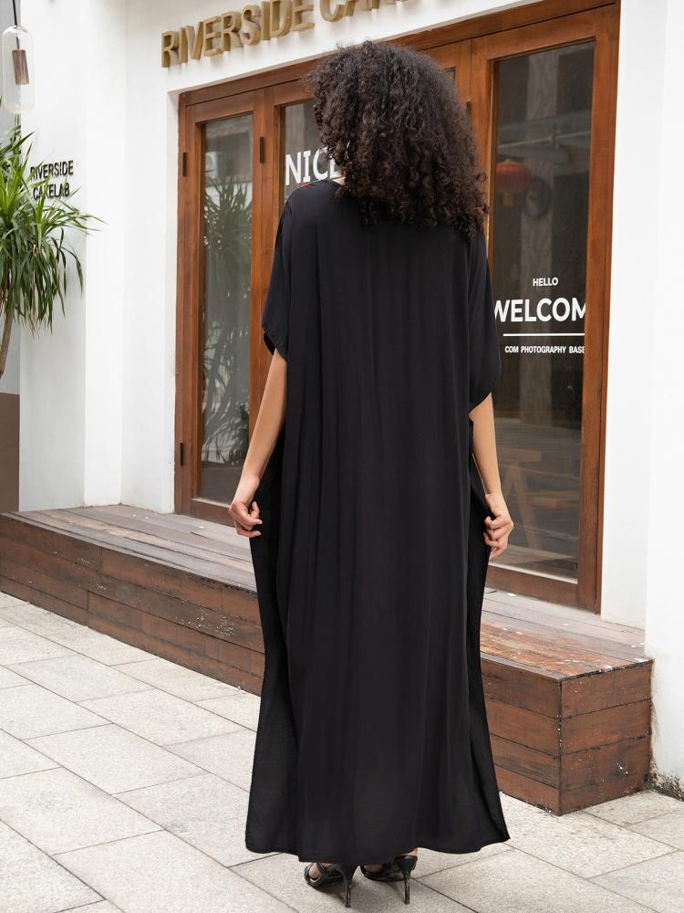 EDOLYNSA Colorful Embroidered Black Women Robe Kaftan Bohemian Long Dress Relaxed Vacation House Dress Swimsuit Cover-up Q1660