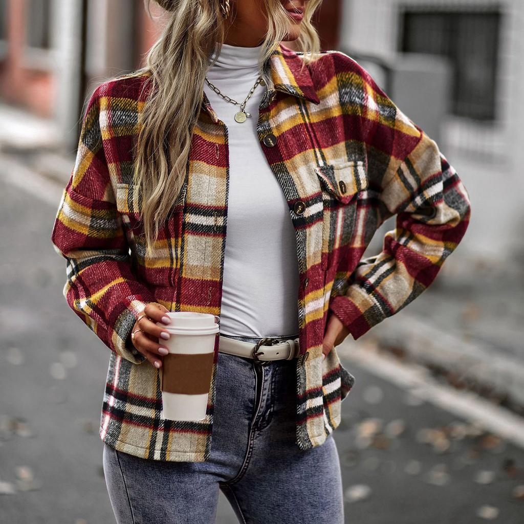 Женская модная клетчатая свободная повседневная осенняя и зимняя куртка с длинными рукавами