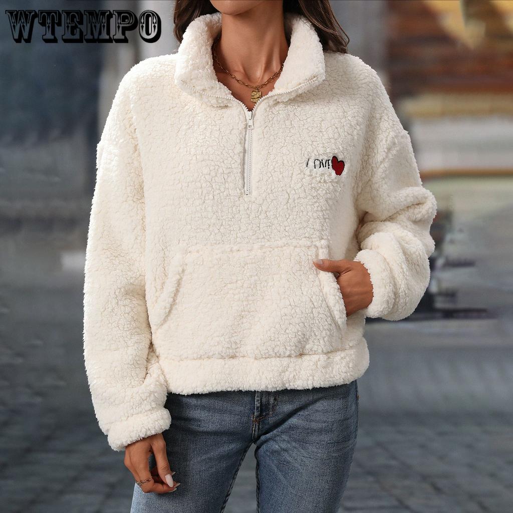 Осенне-зимняя женская плюшевая куртка с длинным рукавом, свободная, с полумолнией и воротником-стойкой, пуловер, толстовка