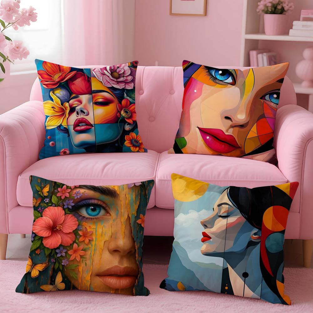 Square Bright Color Flower Girl Cushion Cover Pillow Case Soft Skin Friendly Fabric Concealed Zipper