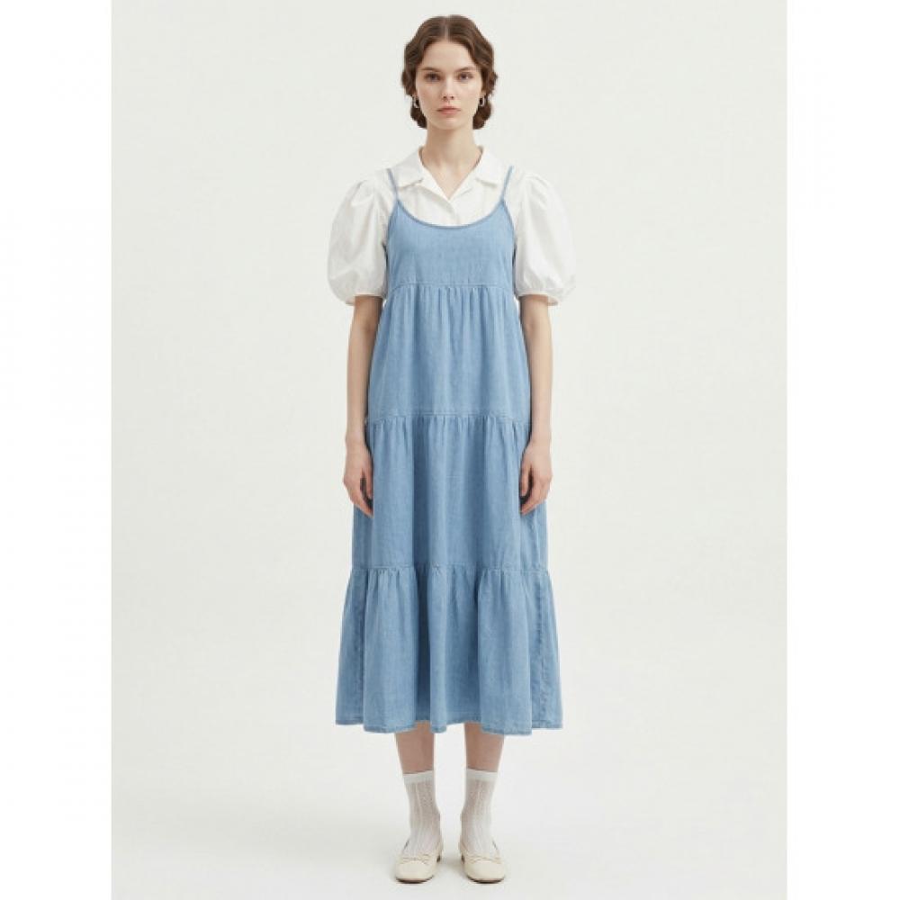[Shop  ] Women S Strappy 3 Tier Cancan Denim Blue Long dreSS mSe Wdr 21185 Light Blue