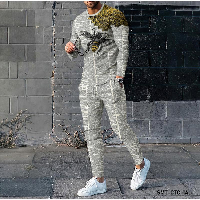 Autumn Men's Long Sleeved T-shirt Casual Vacation Street Fashion 3D Bee Honeycomb Sportswear Pants Set Latest 2-piece Set