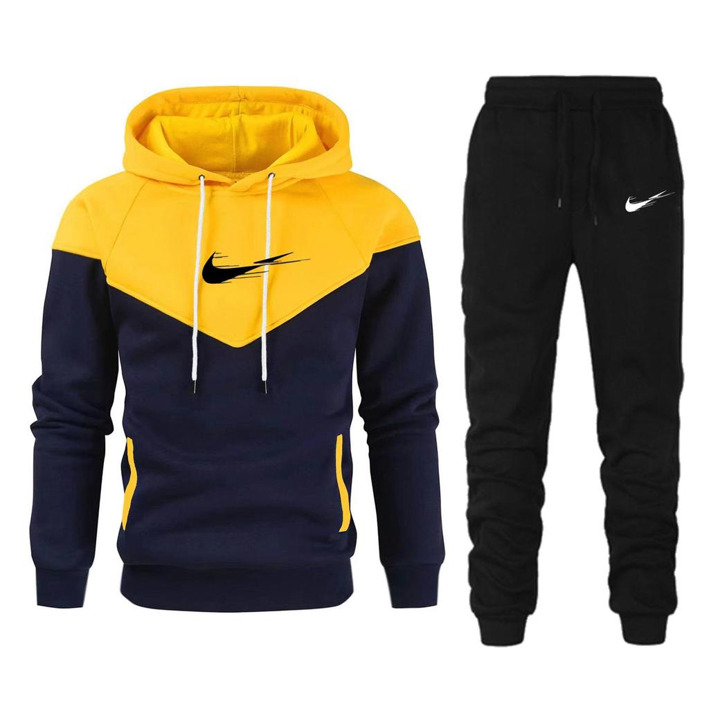 Yellow 2025 Autumn and Winter Men's Patchwork Hoodie Set, Warm and Luxurious Two-piece Set, High-quality Printed Pullover, Sportswear