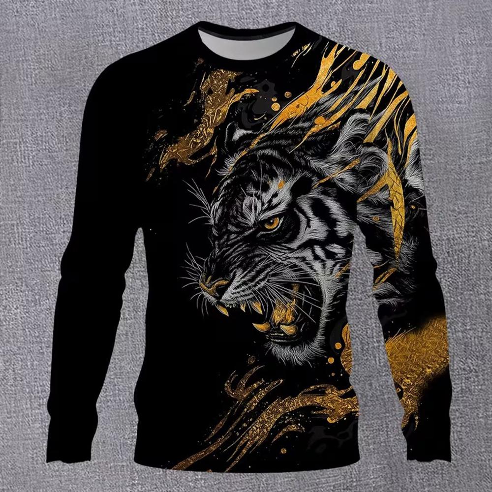 Золотая Свирепая Тигрица 3D Печать Футболка с Длинным Рукавом Streetwear Круглый Вырез Повседневная Базовая Футболка Мужская Хип-Хоп Мода Футболка с Графикой Животного
