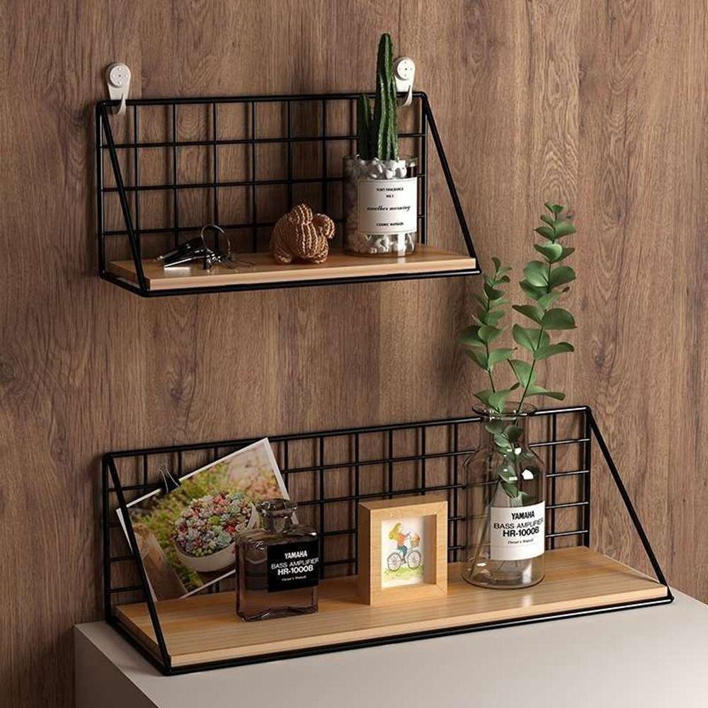 Punch-Free Wall Mounted Storage Rack Grid Shower Hanging Basket Wooden Iron Wall Shelf Home