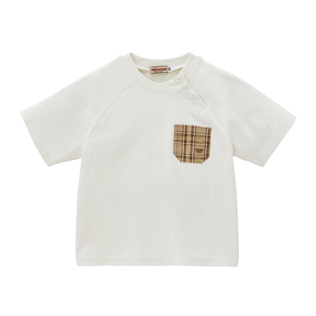 MIKI HOUSE Short Sleeve Made in White T-Shirt, Logo, Plain, Check, Simple, Japan, Boys, Girls, Baby, Kids, Children's Clothing, 10-5255-682, 110cm,
