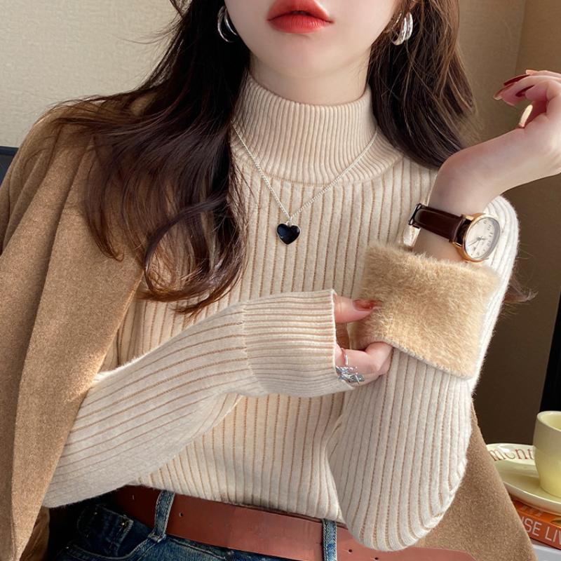 Fashion Thick Half High Neck Plush Base Sweater Women New Autumn and Winter Velvet Knitted Sweaters Tops Office Lady Casual Warm Knitwear 24866