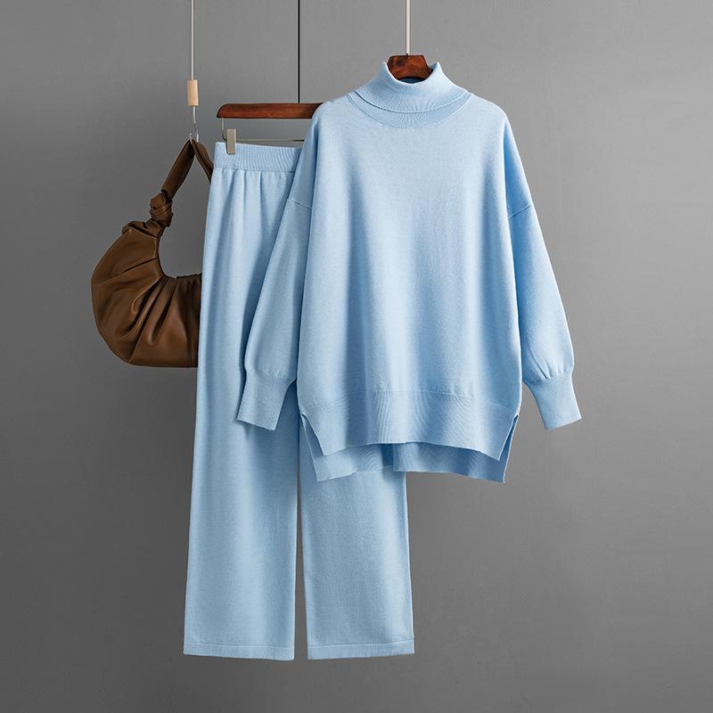 Autumn and Winter Women's Knitted Sweater Set High Neck Solid Color Slit Sweater Loose Casual Long Sleeve Tops Long PantsTwo Piece Set