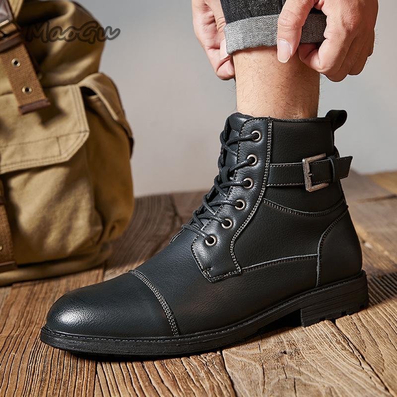 Fashion Autumn Winter British Style Men's High-Top Boots Anti Slip Retro Lace Up Round Toe Leather Boots Side Zip Botas Para Hombre40-45