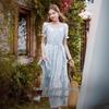 Xiangying 'Flower Whisper' Blue Tie-Dye Off-Shoulder Bubble Sleeve Midi Dress