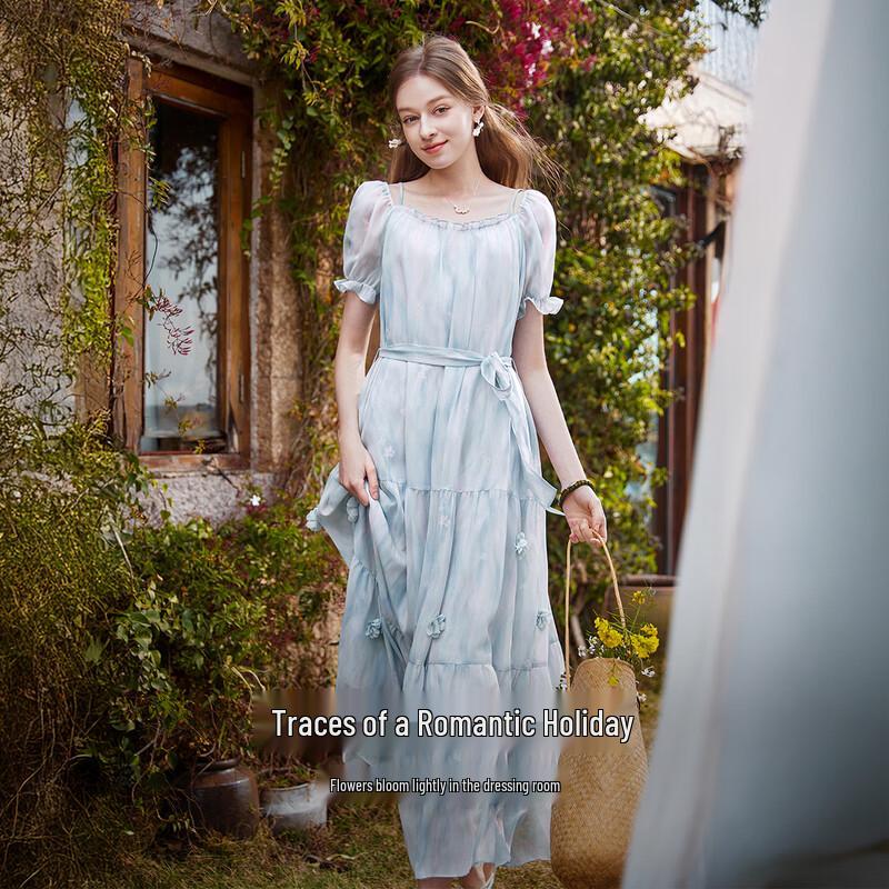 Xiangying 'Flower Whisper' Blue Tie-Dye Off-Shoulder Bubble Sleeve Midi Dress