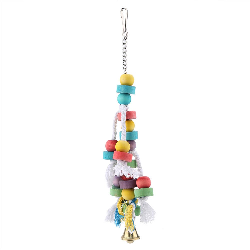 Colorful Parrot Toys Natural Wooden Birds Hanging Chew Toy with Bell Cage Play Toy Supplies