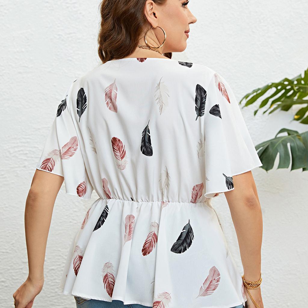 V-neck Floral Print Shirt for Women Tie Waist Ruffled Short Sleeve Wrap Peplum T-shirt Slim Breathable Lightweight Work Vacation Summer Shirt