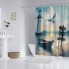 1PC Seaside Boats, Lighthouses, Seagulls Pattern Printed Shower Curtain, Waterproof, with 12 Hooks, Bathroom Shower, Home Use