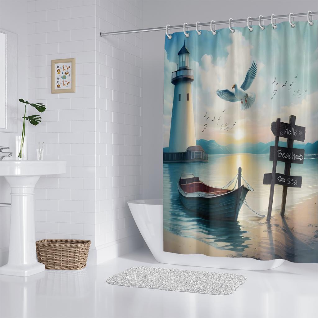 1PC Seaside Boats, Lighthouses, Seagulls Pattern Printed Shower Curtain, Waterproof, with 12 Hooks, Bathroom Shower, Home Use