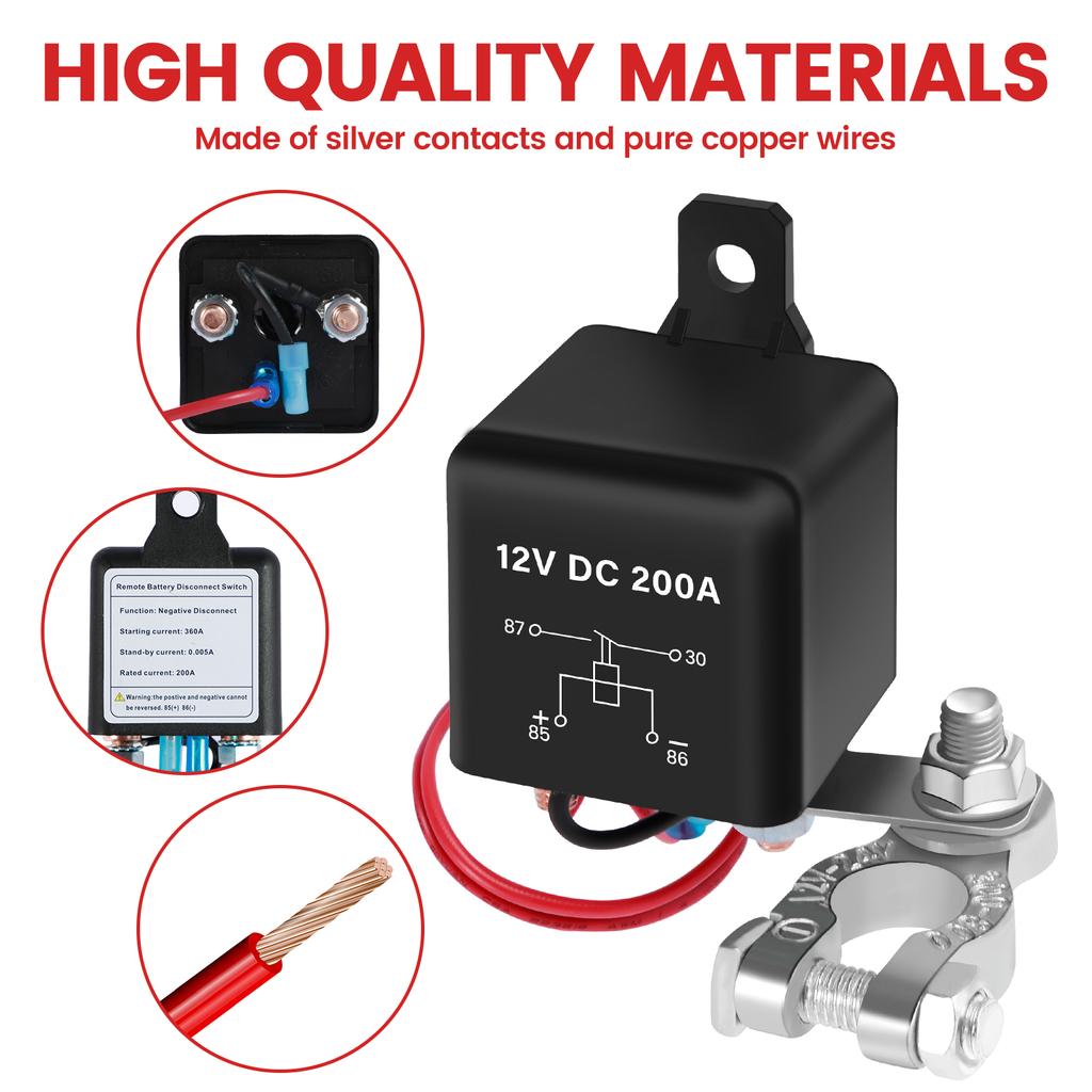 Remote Battery Disconnect Switch Kit DC 12V 200A Battery Cut Off Switch Anti-Theft Battery Kill Switch Shut Off Isolator for Car