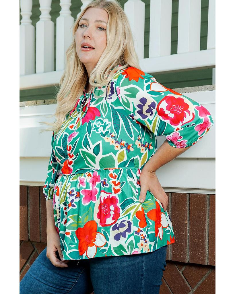 Azura Exchange Блузка с цветочным принтом и разрезом на шее, многоцветная, размер плюс