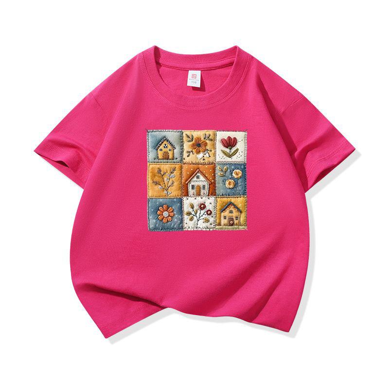 Kids Cotton T Shirt Cute Floral House Print Crew Neck Short Sleeve Tee Casual Breathable Boys Girls Summer Tops