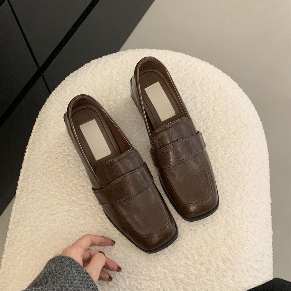 Черные мокасины с квадратным носком, ленивые, с одной педалью, на толстом высоком каблуке, маленькие кожаные туфли, универсальные французские туфли Мэри Джейн, женские, на среднем каблуке