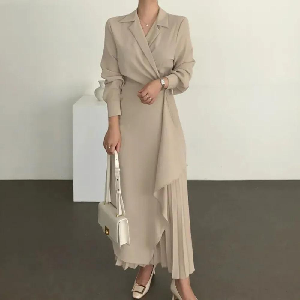 Dresses For Women 2024 Pleated Formal Elegant Shirt Long Dress Office Lady Muslim Vintage Solid Color Suit Evening Vestido