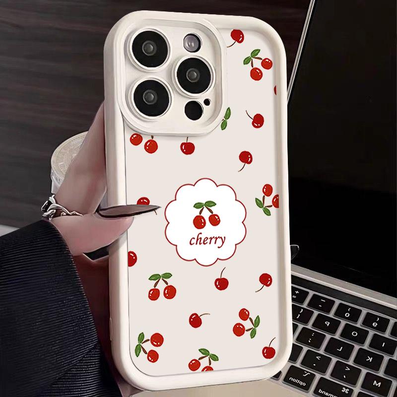 Для iPhone 16 Pro 15 14 Plus 13 12 Pro Max 11 Xs Xr 8 7 Cherry Pattern матовый ударопрочный мягкий TPU защита линз противоударный чехол конфетного цвета