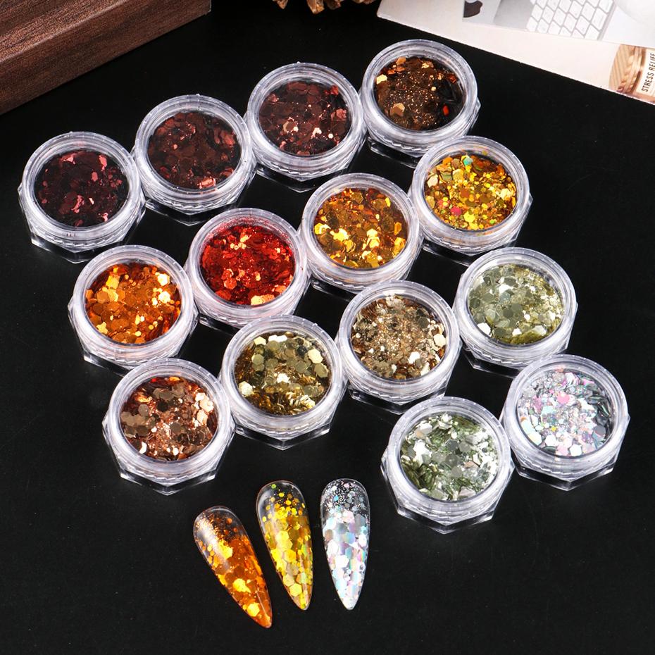 Xiaomi 14pcs Fall Hexagon Nail Sequins Holographic Red Golden Silvery Yellow Sparkly Nail Flakes Glitter for Autumn Winter Nail Charms