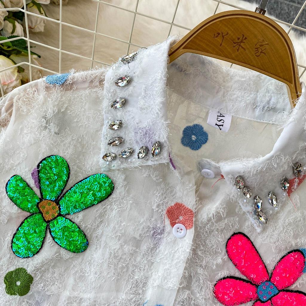 Премиальная рубашка с лацканами и рукавами-фонариками, украшенная бриллиантовыми пайетками в виде цветов, женская летняя милая, омолаживающая, свободная, с бахромой