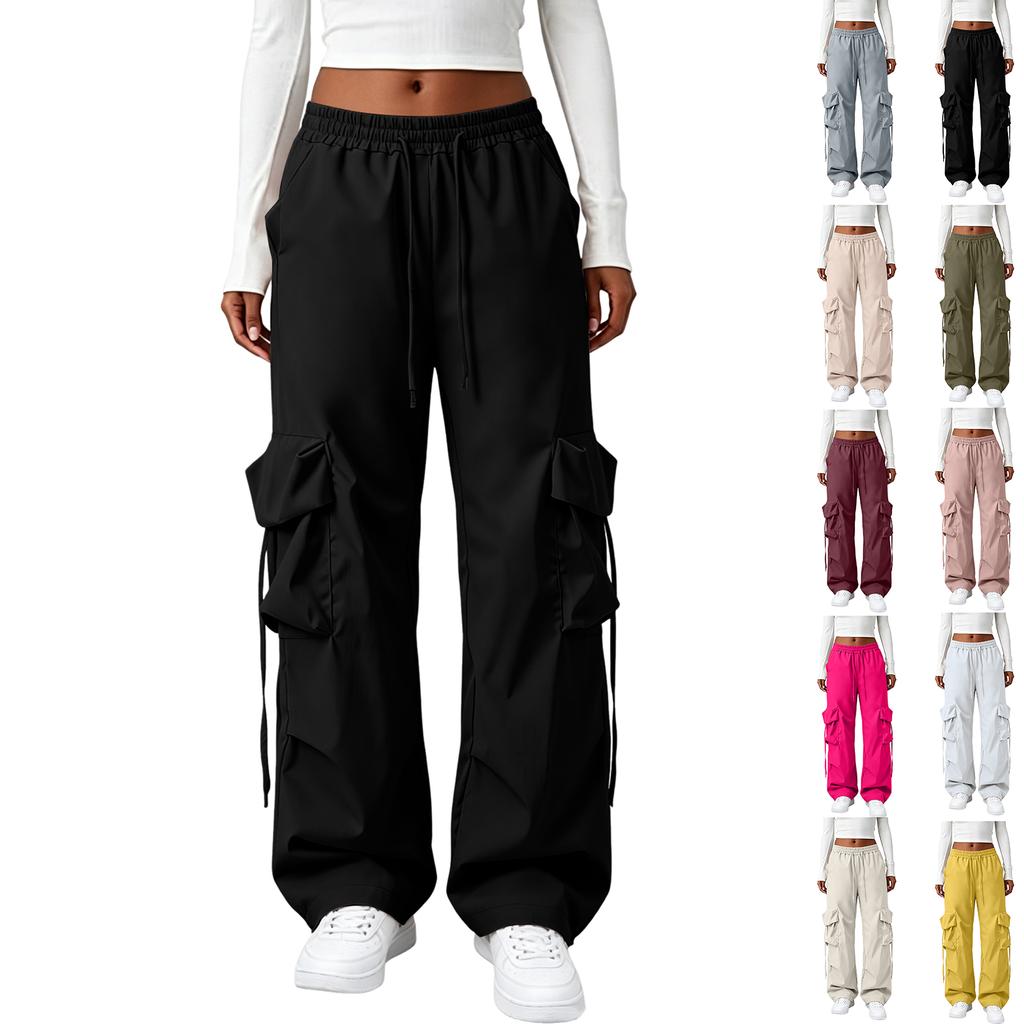 Женские брюки-карго с высокой талией и широкими штанинами, свободного кроя, прямые, с множеством карманов и регулируемым поясом, повседневные брюки