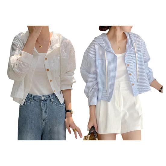 Женские полосатые рубашки на пуговицах с капюшоном и длинными рукавами, летний кардиган с защитой от солнца