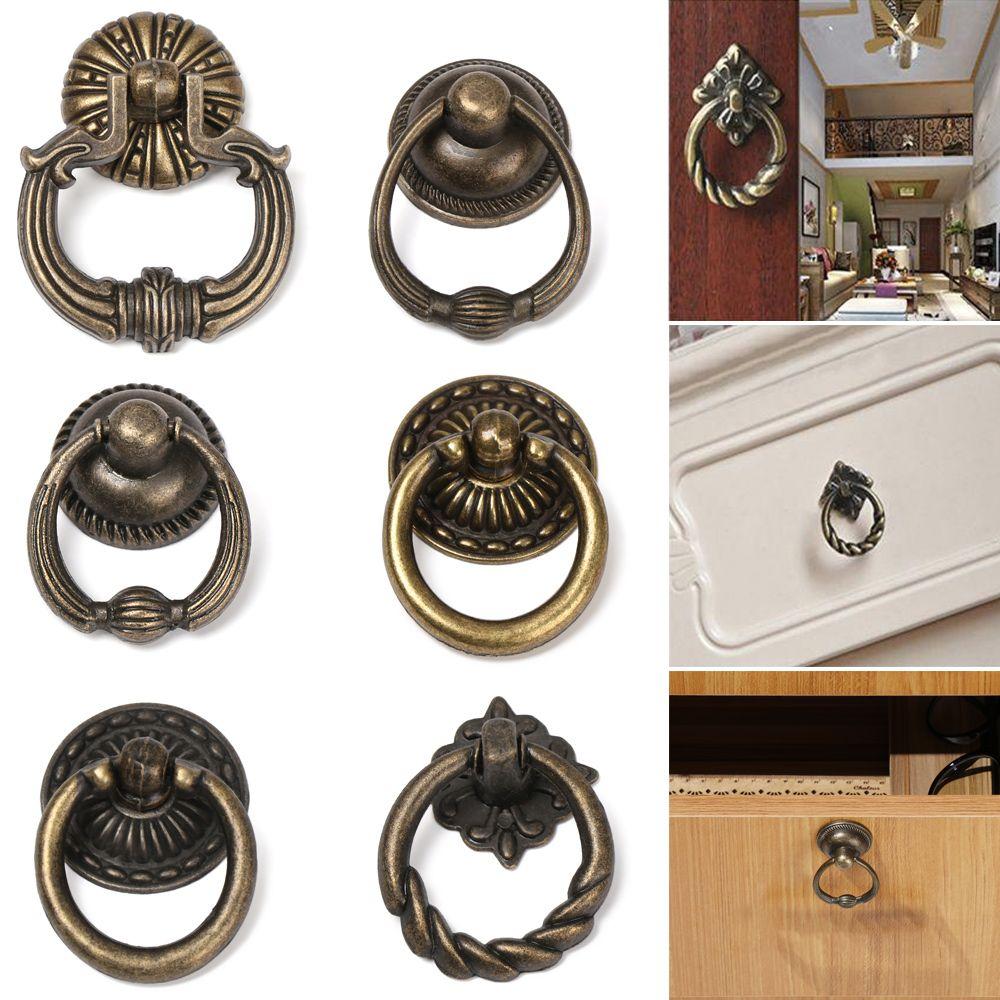 Durable Retro Cabinet Pull Ring Pattern Bronze Handles Furniture Knobs Wardrobe Pulls Single Hole