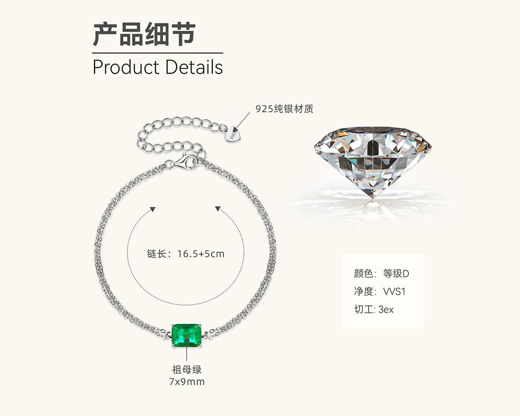 Silvere Glam Новый квадратный изумрудный браслет из Европы и Америки, Высококлассный дизайн, Двухцепочечное украшение, Цепочка из стерлингового серебра S925