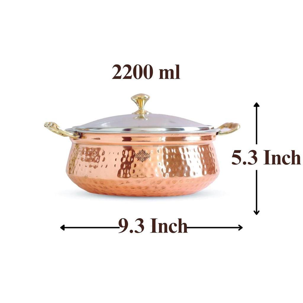 Steel Copper Hammered, Polished Design Handi/Bowl/Casserole with Toughened Glass Lid & Brass Knob & Handles, Volume-2200 Ml, Pack of 2