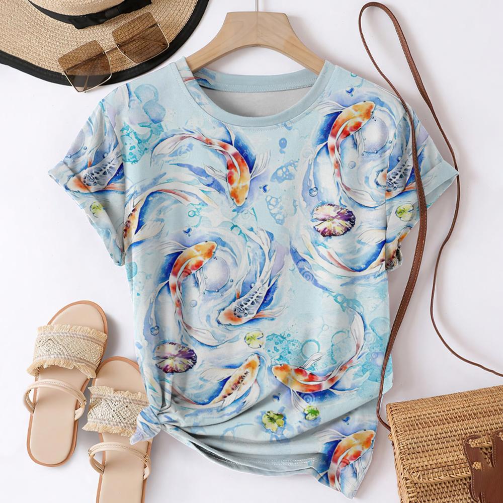 Футболки с 3D-принтом «Рыба кои» для женщин, уличная одежда, повседневная мода, Harajuku Y2k, футболка с коротким рукавом, футболки с круглым вырезом, топы, одежда