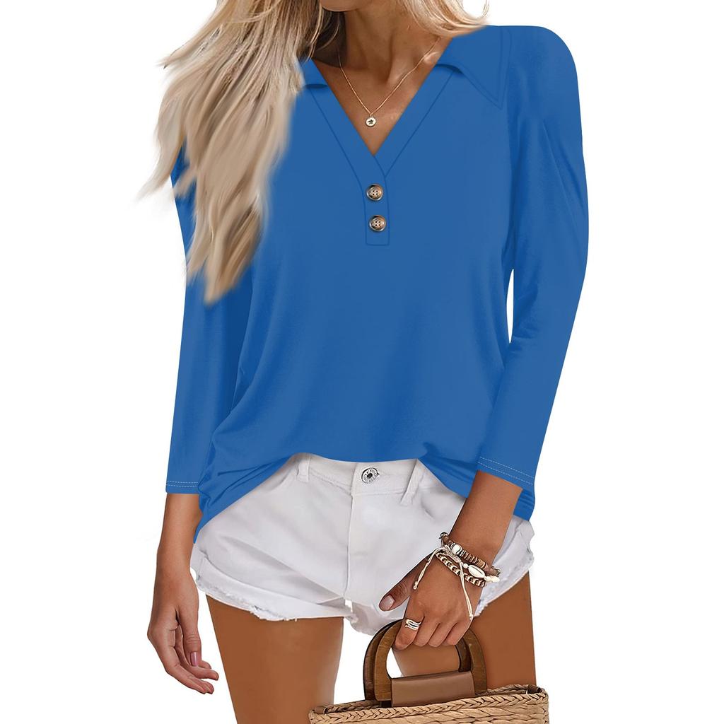 Женская летняя модная повседневная однотонная рубашка с v-образным вырезом и воротником на пуговицах с семиточечным принтом, топ