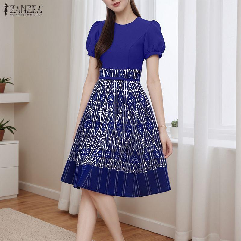 ZANZEA Женское повседневное летнее платье с круглым вырезом и коротким рукавом с принтом