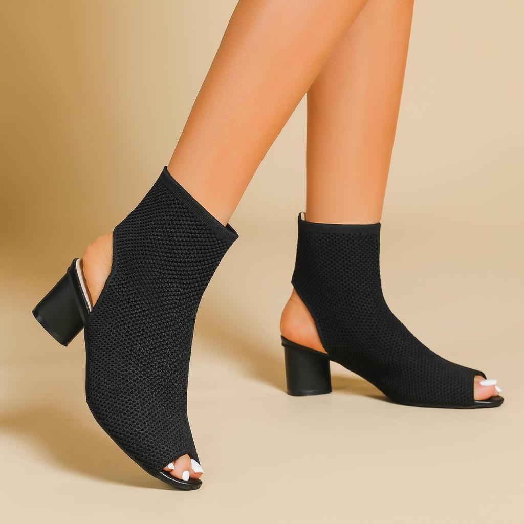 Осень-зима Большие размеры женские вязаные короткие сапоги-трубы повседневные удобные грубые каблуки с острым носком и толстым каблуком 34-43