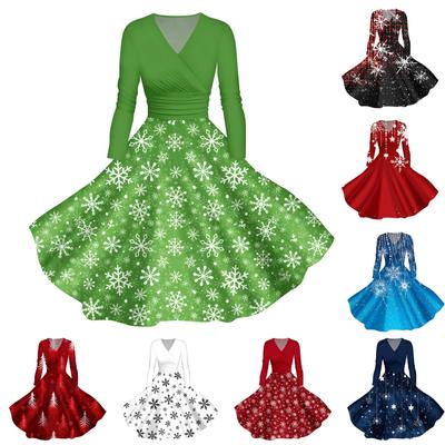 Женское повседневное модное платье с V-образным вырезом и длинными рукавами в стиле ретро с рождественским принтом в стиле ретро, осень